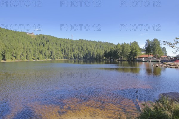 Lakescape with forest and mountain, Karsee, mountain lake, shore, transmission tower, mountain station, nature, Mummelsee, Honrisgrinde, Black Forest High Road, Northern Black Forest, Black Forest, Baden-Württemberg, Germany