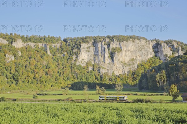 Railway line with train and view of rock formations, landscape, rock formations, rock cliffs, rocks, mountains, nature, train traffic, railway line, Neidlingen, Beuron, Upper Danube Valley, Swabian Alb, Baden-Württemberg, Germany