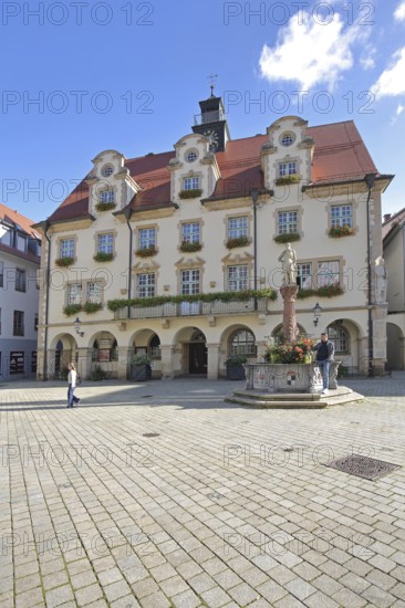 Town hall built in 1927 with dormer windows and market fountain, half-timbered house, Sigmaringen, Swabian Alb, Baden-Württemberg, Germany