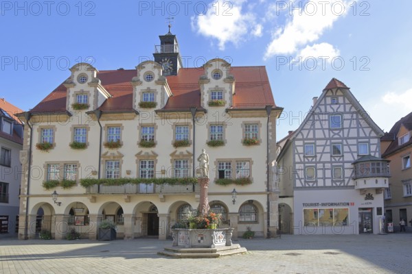 Town hall built in 1927 with dormer windows and market fountain, half-timbered house, Sigmaringen, Swabian Alb, Baden-Württemberg, Germany