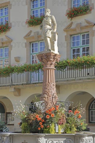 Monument to Count Johann von Hohenzollern-Sigmaringen, sculpture, market fountain built in 1826, Sigmaringen, Swabian Alb, Baden-Württemberg, Germany