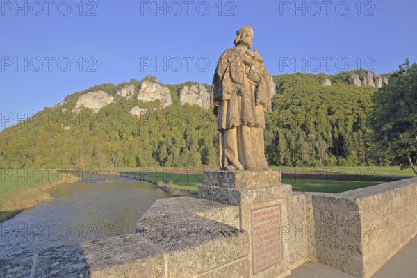 Saint Nepomuk statue and Danube with rock formations, landscape, rock cliffs, rocks, mountains, nature, forest, river landscape, sculpture, St John of Nepomuk, bridge saint, patron saint, castle rocks, Nepomuk Bridge, Hausen im Tal, Beuron, Upper Danube Valley, Swabian Alb, Baden-Württemberg, Germany