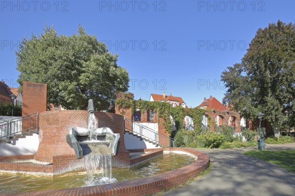Fountain in Schillerpark, water basin, water jet, Schillerpark, Wiesloch, Baden-Württemberg, Germany