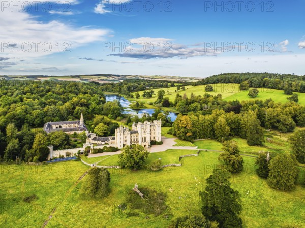 Duns Castle Estate and garden from a dron, Duns, Berwickshire, Scotland, UK