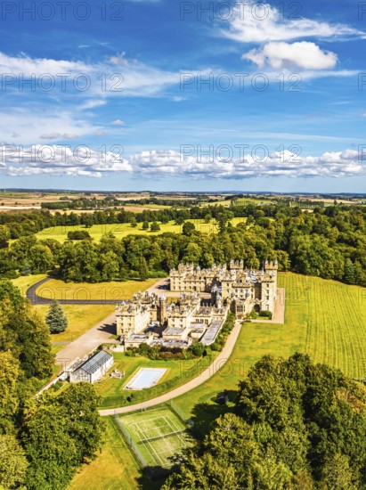 Floors Castle and garden from a drone, Duke of Roxburghe, Roxburghshire, Scotland, UK