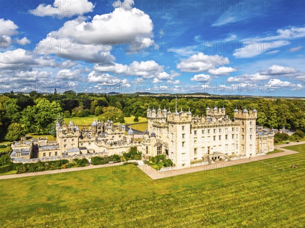 Floors Castle and garden from a drone, Duke of Roxburghe, Roxburghshire, Scotland, UK