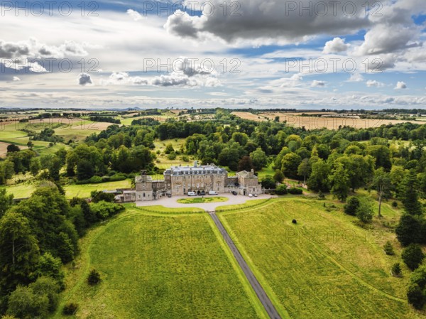Marchmont House and garden from a drone, Marchmont Estate, Greenlaw, Berwickshire, Duns, Scotland, UK