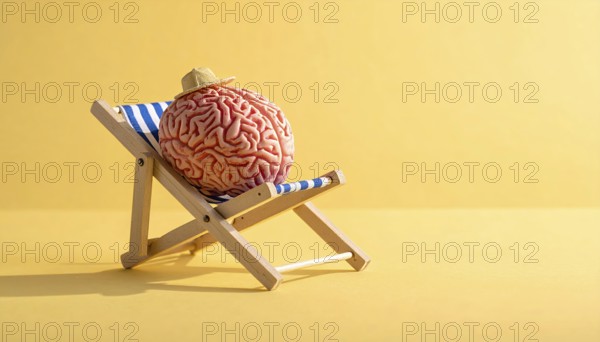 Brain relaxes on a sunbed under the summer sun, placed on a flat surface, symbol for mental health, AI generated