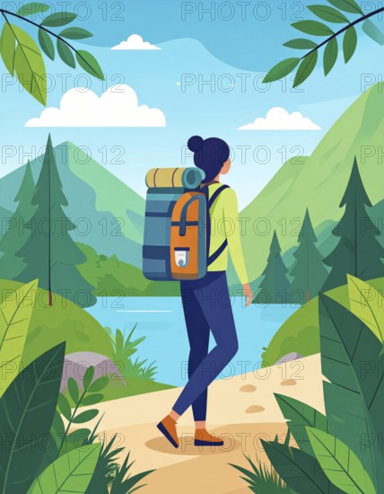 Traveling and hiking in mountain landscape, abstract vector illustration, AI generated image