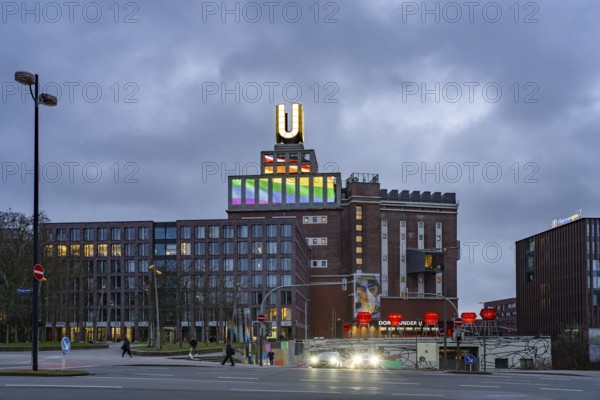 Dortmund landmark U, centre for art and creativity in the former Union Brewery at dusk, Dortmund, North Rhine-Westphalia, Germany