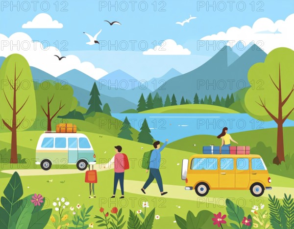 Traveling and hiking in mountain landscape, abstract vector illustration, AI generated image