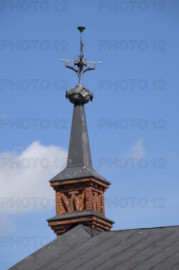 Gable with weather vane and ornamental iron elements, former paper factory and mill for the production of groundwood pulp board, UNESCO World Heritage Site Verla Factory Village, Maailmanperintökohde Verlan puuhiomo ja pahvitehdas, Verla Rapids, Kymenlaakso, near Kouvola, Finland