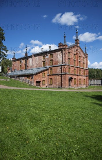 Brick building, former paper factory and mill for the production of groundwood pulp board, UNESCO World Heritage Site Verla Factory Village, Maailmanperintökohde Verlan puuhiomo ja pahvitehdas, Verla Rapids, Kymenlaakso, near Kouvola, Finland