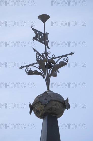 Iron weather vane, decorative element on roof top, former paper mill for the production of groundwood pulp board, UNESCO World Heritage Site Factory Village Verla, Maailmanperintökohde Verlan puuhiomo ja pahvitehdas, Verla Rapids, Kymenlaakso, near Kouvola, Finland