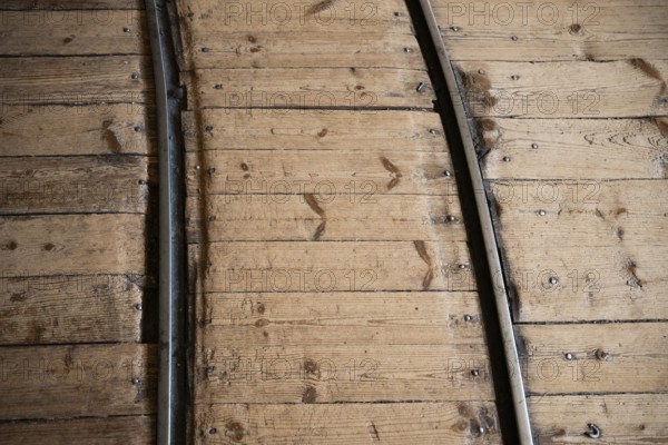 Rails for transporting cardboard, former paper factory and mill for the production of groundwood pulp board, UNESCO World Heritage Site Verla Factory Village, Maailmanperintökohde Verlan puuhiomo ja pahvitehdas, Verla Rapids, Kymenlaakso, near Kouvola, Finland