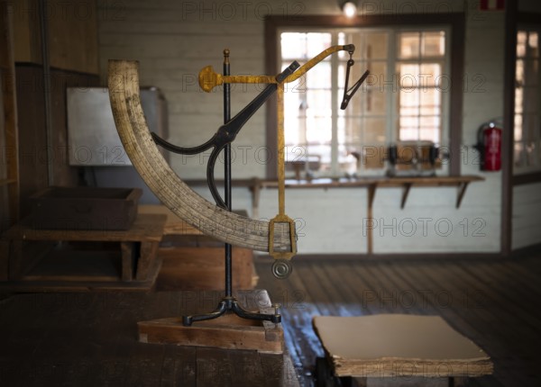 Paper scale, former paper factory and mill for the production of groundwood pulp board, UNESCO World Heritage Site Verla Factory Village, Maailmanperintökohde Verlan puuhiomo ja pahvitehdas, Verla Rapids, Kymenlaakso, near Kouvola, Finland