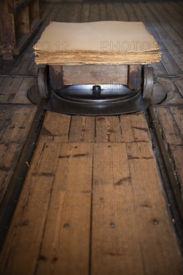 Wagon on rails for transporting cardboard, former paper factory and mill for the production of groundwood pulp board, UNESCO World Heritage Site Verla Factory Village, Maailmanperintökohde Verlan puuhiomo ja pahvitehdas, Verla Rapids, Kymenlaakso, near Kouvola, Finland