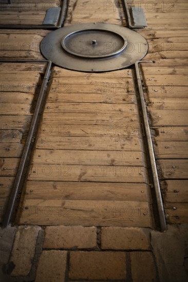 Rails and switch for transporting cardboard, former paper factory and mill for the production of groundwood pulp board, UNESCO World Heritage Site Verla Factory Village, Maailmanperintökohde Verlan puuhiomo ja pahvitehdas, Verla Rapids, Kymenlaakso, near Kouvola, Finland