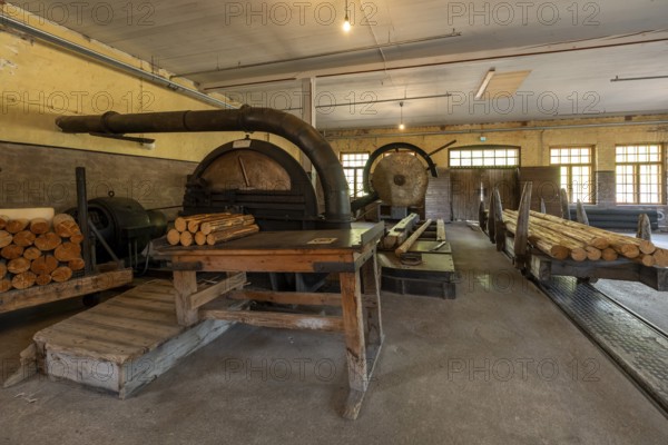 Historic circular saws and tree trunks, former paper factory and mill for the production of groundwood pulp board, UNESCO World Heritage Site Verla Factory Village, Maailmanperintökohde Verlan puuhiomo ja pahvitehdas, Verla Rapids, Kymenlaakso, near Kouvola, Finland