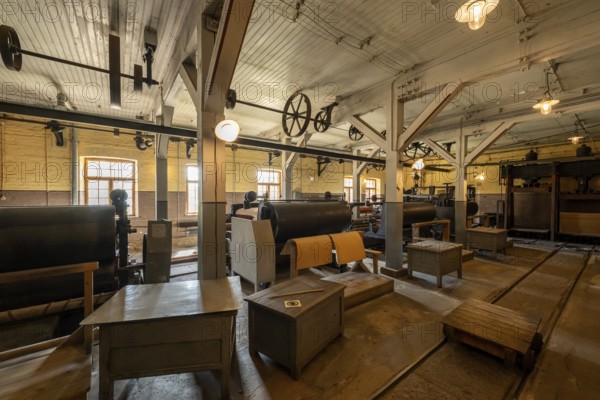 Factory hall with historical machines for the production of cardboard and paper, former paper factory and mill for the production of groundwood pulp board, UNESCO World Heritage Site Verla Factory Village, Maailmanperintökohde Verlan puuhiomo ja pahvitehdas, Verla Rapids, Kymenlaakso, near Kouvola, Finland