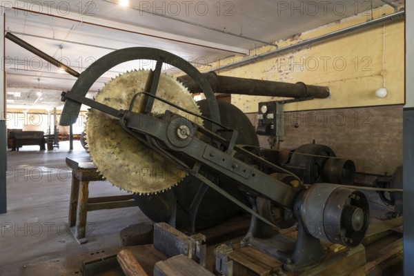 Large historic circular saw, former paper mill and mill for the production of groundwood pulp board, UNESCO World Heritage Site Verla Factory Village, Maailmanperintökohde Verlan puuhiomo ja pahvitehdas, Verla Rapids, Kymenlaakso, near Kouvola, Finland