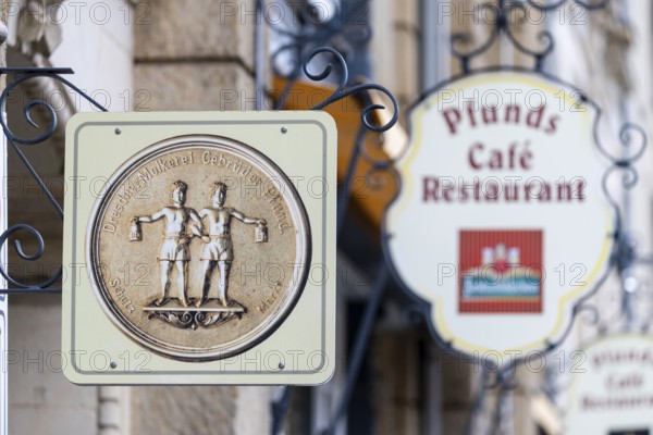 Façade signs on the Pfunds dairy, Neustadt, Dresden, Saxony, Germany