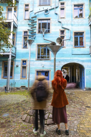 House façade with ornate guttering in the trendy Neustadt district, Dresden, Saxony, Germany