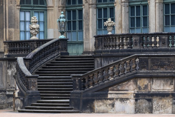 Massive stone staircase in the inner courtyard of the Residenzschloss, Old Town, Dresden, Saxony, Germany