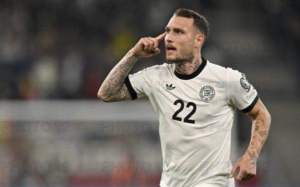 Goal celebration David Raum GER (22) Gesture Gesture World Cup qualifier, international match, Germany v Luxembourg, PreZero Arena, Sinsheim, Baden-Württemberg, Germany