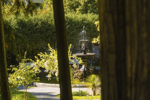 A bubbling fountain in a green garden, surrounded by trees and sunshine, Überlingen, Lake Constance, Germany