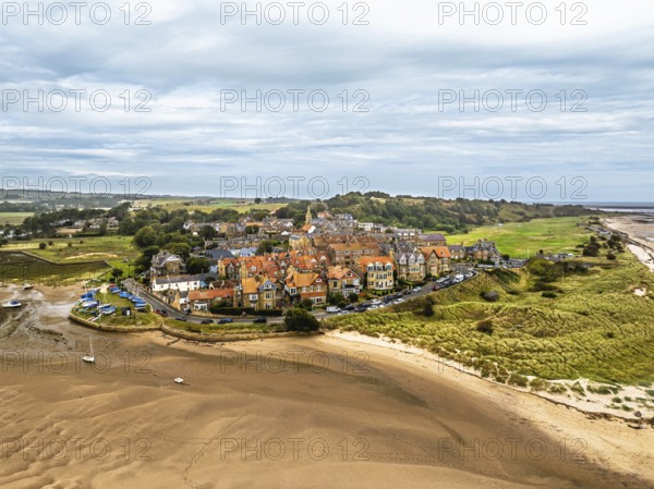 Alnmouth and River Aln Estuary from drone, Alnwick, Northumberland, England, United Kingdom