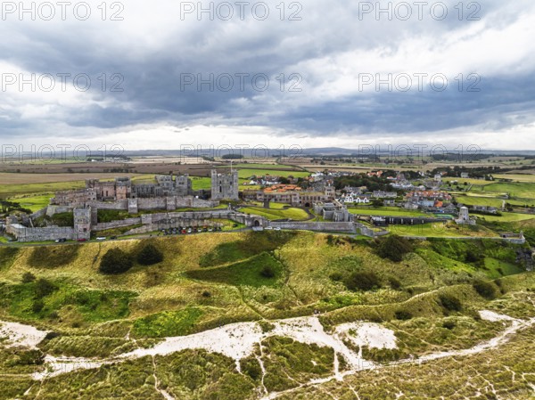 Bamburgh Castle from a drone, Northumberland, Northeast Coast, England, United Kingdom