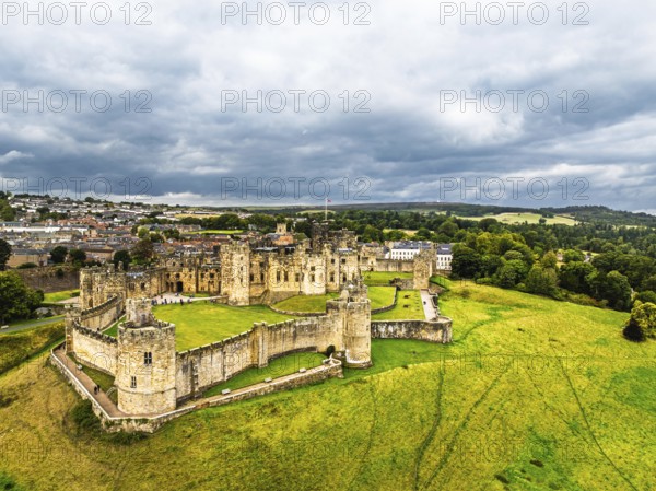 Alnwick Castle from a drone, Alnwick, Northumberland, England, United Kingdom