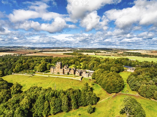 Ayton Castle from a drone, Ayton, Eyemouth, Scottish Borders, Scotland, UK