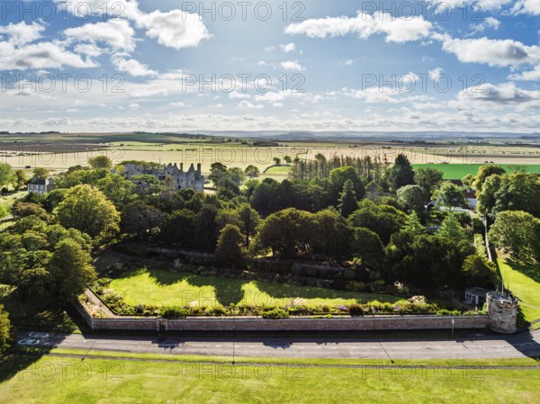 Ruins of Dirleton Castle & Gardens from a drone, Dirleton, East Lothian, Scotland, UK