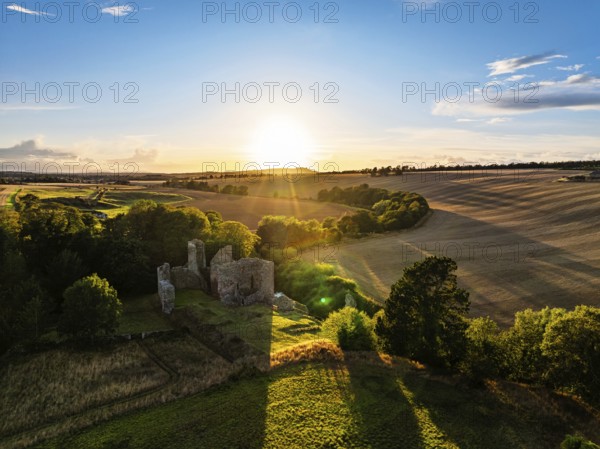 Ruins of Hailes Castle over River Tyne from a drone, East Linton, East Lothian, Scotland, UK