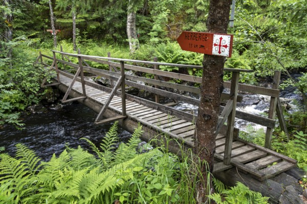 Narrow wooden bridge over a river in a green forest with a signpost to a hostel, Olav's Cross, Olav's Way or Olavsleden pilgrimage route, Norway