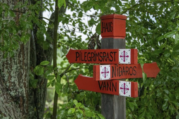 Signpost to Nidaros for pilgrims with the Olav's Cross, Olav's Way or Olavsleden, Eidsvoll, Akershus, Norway