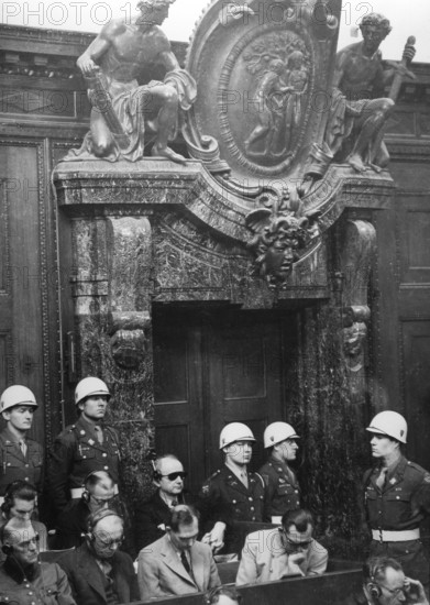 Nuremberg Trials, major war criminals, dock, Nuremberg 1946 J. Chaldej: This is an extraordinary photo for me because it touches me emotionally. Here are the greatest war criminals sitting in the dock. It was during the interrogation of Field Marshal Paulus, who had been captured in Stalingrad. Göring, Hess, Ribbentrop and Keitel were sitting here, along with Admiral Dönitz and von Schirach