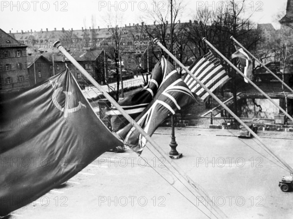 Nuremberg Trials, the Allied flags at the courthouse, Nuremberg 1946