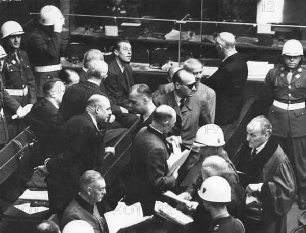 Nuremberg Trials, main war criminals, view of the dock. Keitel, Hess, Nuremberg 1946