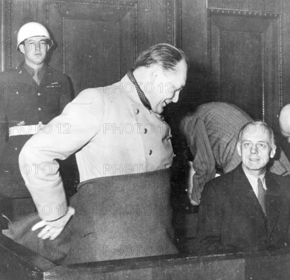 Nuremberg Trials, main war criminals, the defendants Herman Göring, and on the left van Ribbentrop, former Foreign Minister, Nuremberg 1946