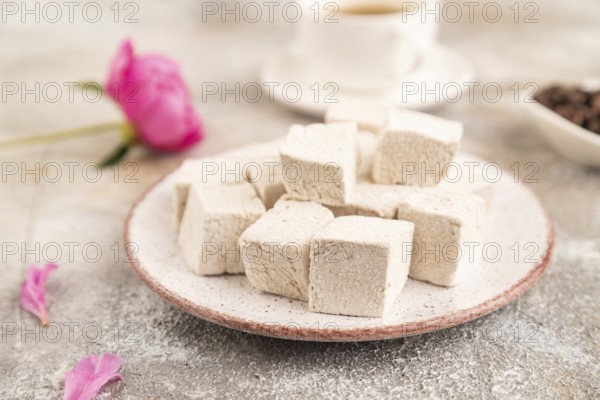 Coffee marshmallow with cup of coffee on brown concrete background. side view, close up, selective focus