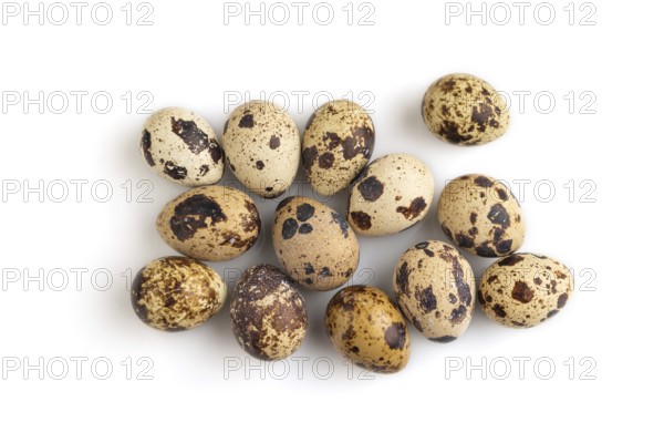 Pile of Raw Quail eggs isolated on white background. top view, flat lay, close up