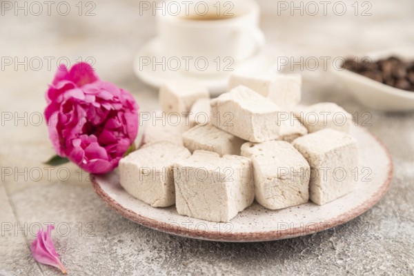 Coffee marshmallow with cup of coffee on brown concrete background. side view, close up, selective focus