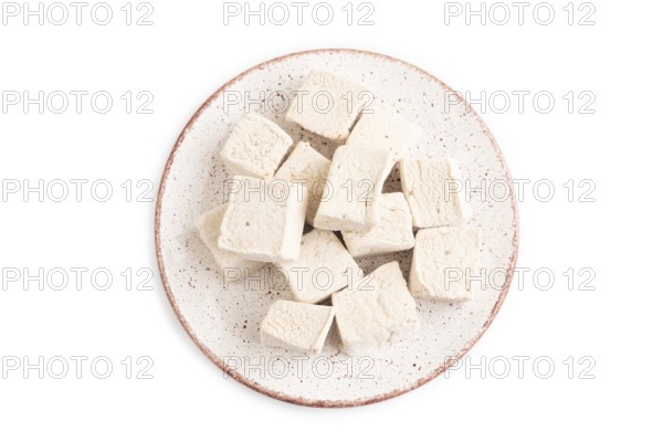 Coffee marshmallow isolated on white background. top view, flat lay, close up