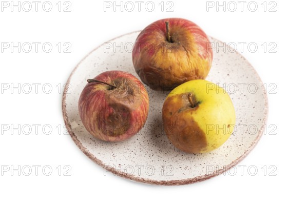 Decaying, Rotting apples on ceramic plate isolated on white background. Side view, copy space, minimalism