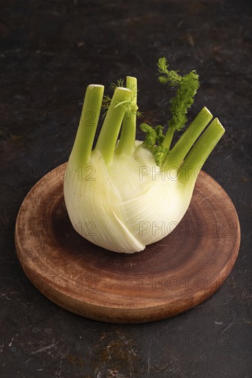 Fresh Fennel bulb on wooden cutting board on black concrete background, side view, copy space, minimalism
