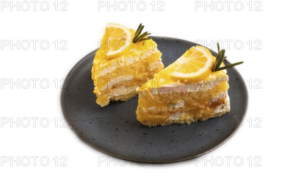 Lemon cake isolated on white background, side view, close up
