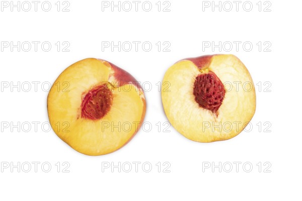 Peach Cut in half isolated on white background. Top view, flat lay, close up. healthy food, vegetable, minimalism